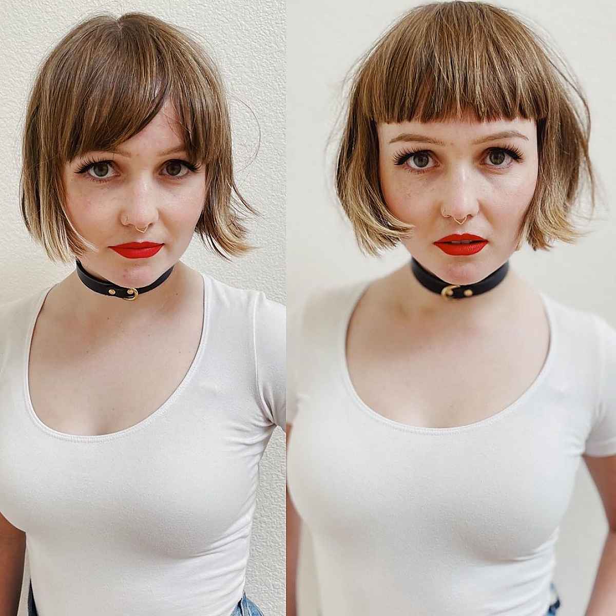 very short hair with full bangs and chopped layers